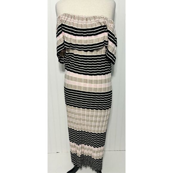 Free People Off Duty Striped Off the Shoulder Midi Sweater Dress Tan Pink Large - Picture 11 of 11